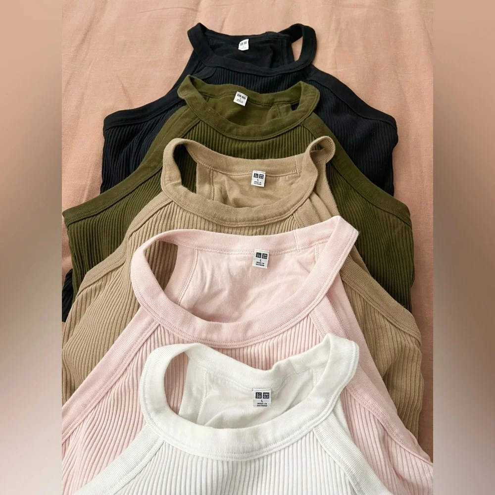 Uniqlo Women's Ribbed Tank built in bra White, Pink,Olive,Tan&black. 5 tops - Picture 2 of 12